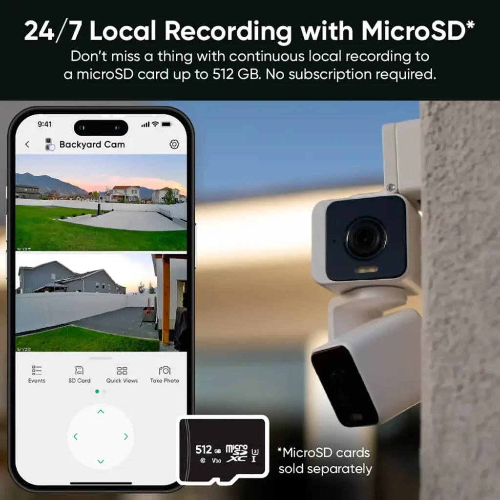 Infografía de la Wyze Duo Cam Pan que muestra su función de grabación local 24/7 en una tarjeta microSD de 512 GB sin necesidad de suscripción. Se ve la app Wyze con la doble vista de la cámara y la propia cámara instalada.