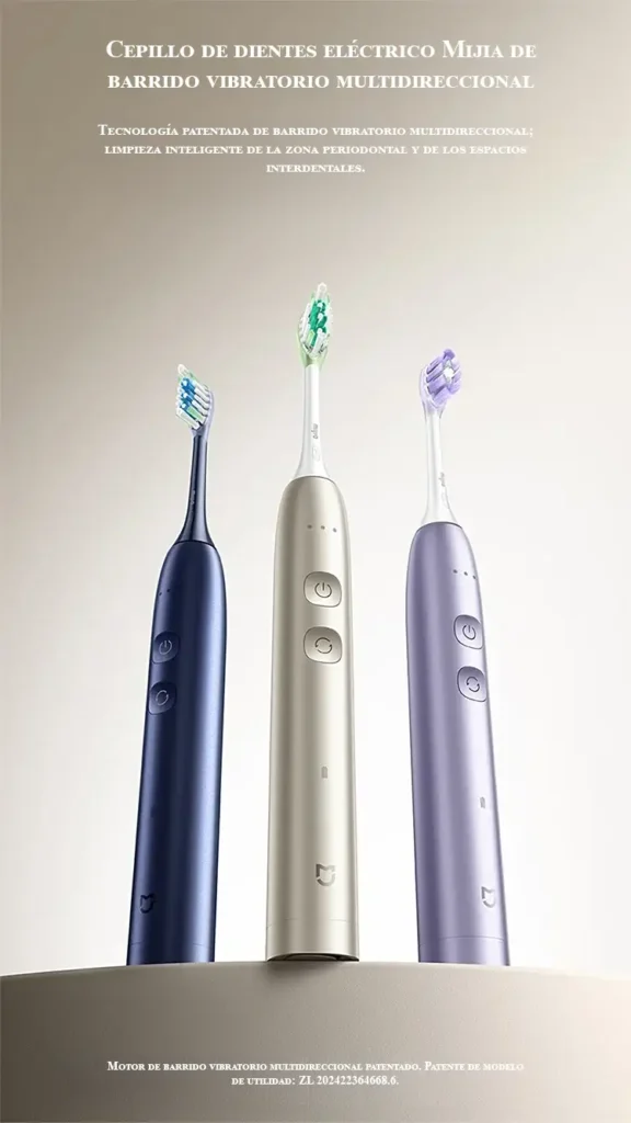 Póster vertical que muestra tres cepillos eléctricos Xiaomi Mijia en azul, dorado y morado. El texto indica “barrido vibratorio multidireccional” y una patente ZL 202422364668.6. Xiaomi Mijia Multi-Directional Sweeping Electric Toothbrush
