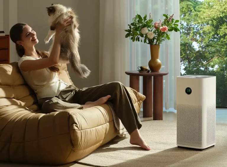 Mujer sonriendo en un sofá mientras juega con su gato, junto al purificador de aire Xiaomi Mijia Smart Air Purifier 6 que garantiza un aire limpio y libre de alérgenos de mascota en el hogar