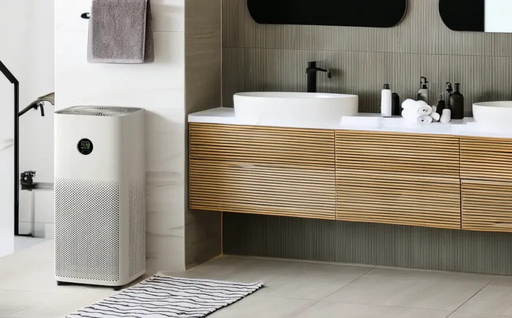 El purificador de aire Xiaomi Mijia Smart Air Purifier 6 se integra perfectamente en el diseño de un baño moderno, eliminando olores, humedad y mejorando la calidad del aire.