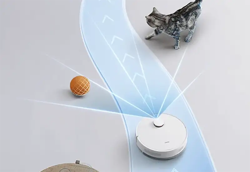 Robot aspirador Xiaomi Robot Vacuum S40C usando sus sensores para una navegación inteligente que evita obstáculos como juguetes y mascotas, garantizando una limpieza sin interrupciones.