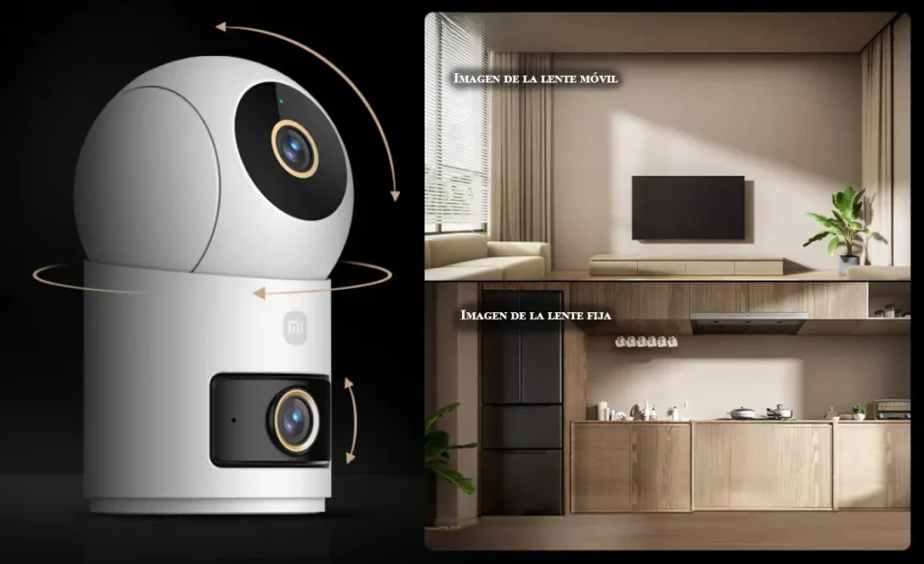 Gráfico que demuestra el funcionamiento de la doble lente de la Xiaomi Smart Camera 4 Dual Camera. A la izquierda, se muestra el movimiento 360° de la lente PTZ superior y el ajuste de la lente fija. A la derecha, un ejemplo de cómo la lente móvil cubre un salón mientras la lente fija vigila una cocina para una cobertura total sin puntos ciegos.