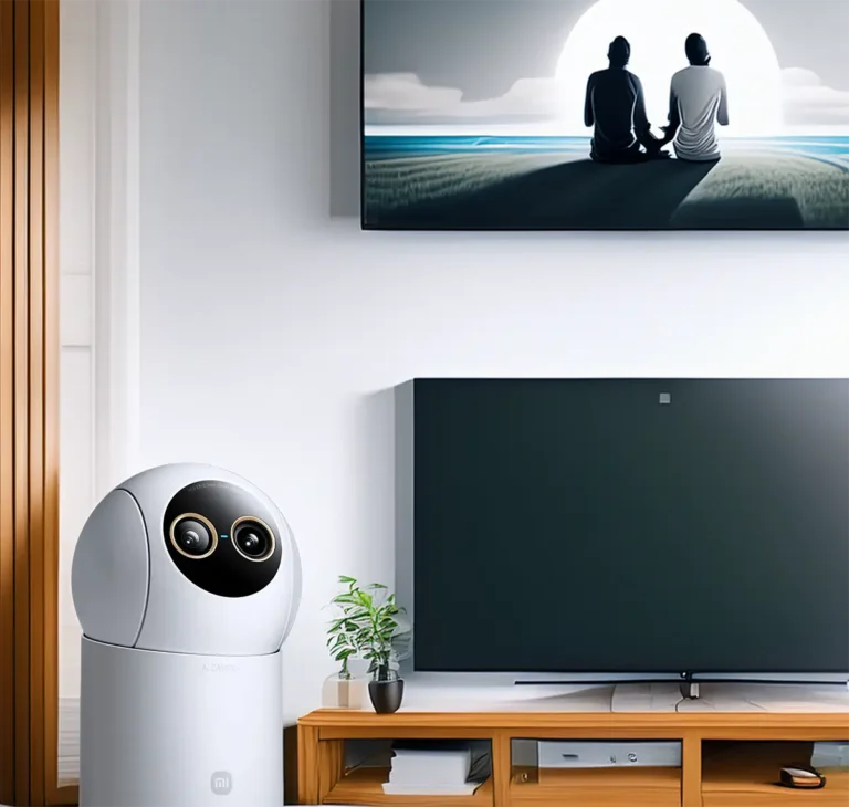 Xiaomi Smart Camera 4 Zoom Edition con doble lente y calidad 4K, ubicada en un salón moderno junto a una televisión. Muestra su diseño para la vigilancia interior del hogar.