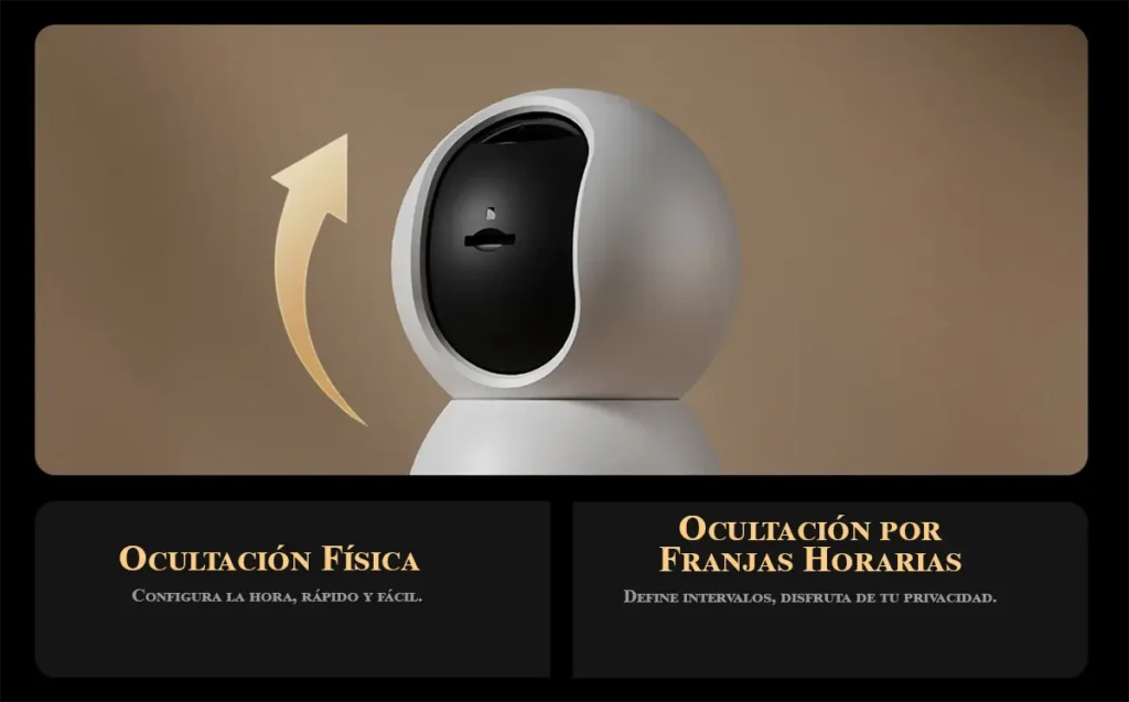 Demostración de la función de ocultación física de la lente de la Xiaomi Smart Camera 4C 3.5K, que protege la privacidad de forma programada por horas o franjas horarias.