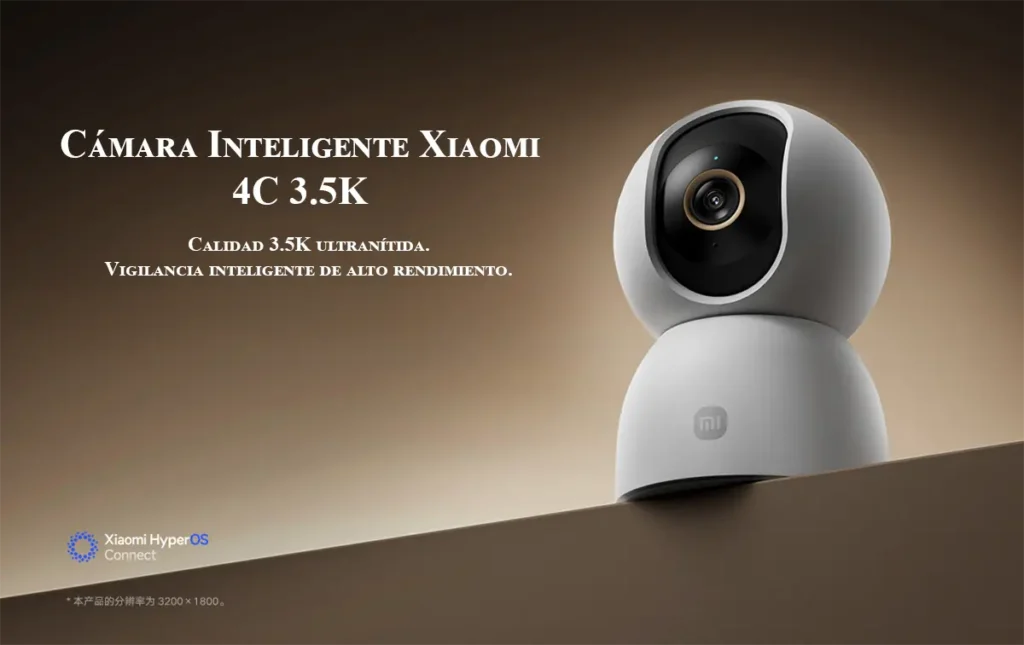 Banner promocional de la Cámara Inteligente Xiaomi 4C 3.5K, mostrando el producto y sus características clave como la calidad 3.5K ultranítida, vigilancia inteligente y conexión con Xiaomi HyperOS.