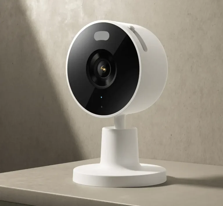 Primer plano de la cámara de seguridad para interiores Xiaomi Smart Camera C100, mostrando su diseño compacto en color blanco y la tapa de privacidad física sobre la lente.