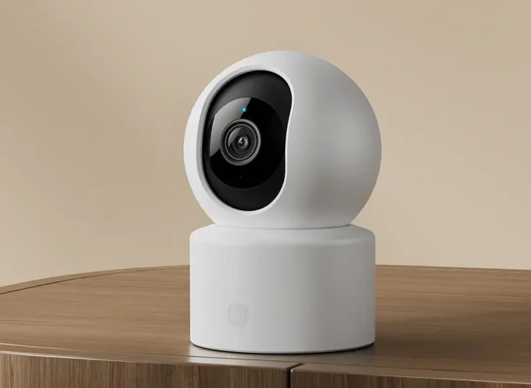 La nueva cámara de vigilancia interior Xiaomi Smart Camera C201 en color blanco, colocada sobre un mueble de madera, mostrando su diseño moderno y compacto para la seguridad del hogar.
