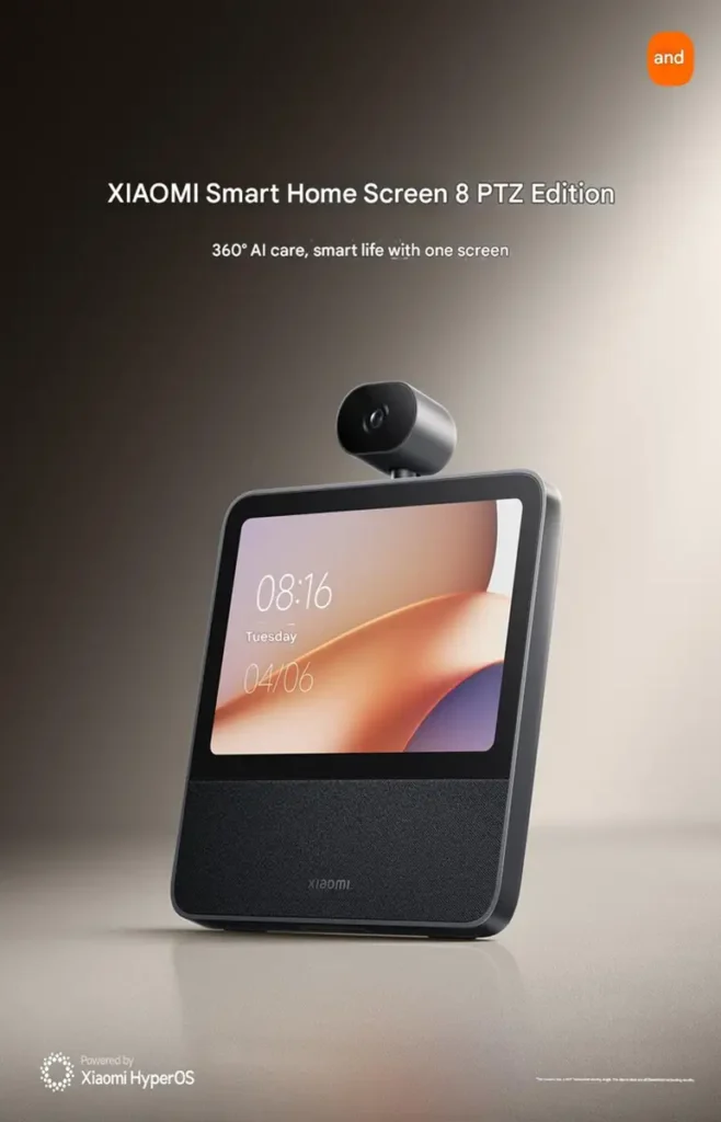 Póster oficial de la Xiaomi Smart Home Screen 8 PTZ Edition. La imagen muestra la pantalla inteligente con su cámara 360° motorizada, el lema "360° AI care" y el logo "Powered by Xiaomi HyperOS", destacando su función como hub de domótica.