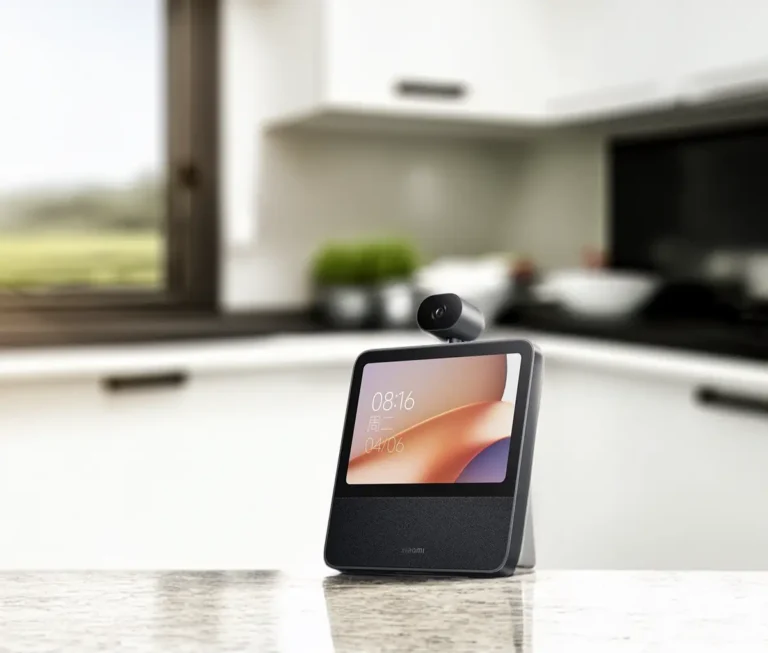 La nueva pantalla inteligente Xiaomi Smart Home Screen 8 PTZ Edition sobre la encimera de una cocina. El dispositivo muestra la hora y tiene una cámara motorizada 360° en la parte superior, ideal para el control del hogar y la domótica con HyperOS Connect.