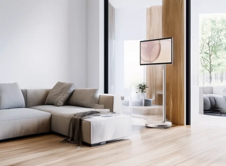 La pantalla inteligente móvil Xiaomi Smart Home Screen Max 27 de pie en un salón moderno y luminoso. El dispositivo de 27 pulgadas se muestra junto a un sofá, integrado en la decoración como un centro de entretenimiento y control de domótica para el hogar inteligente.