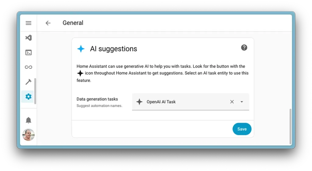 Home Assistant 2025.8 Captura de pantalla de la configuración de Sugerencias de IA en Home Assistant. Se muestra el menú 'Ajustes > General', donde se selecciona una entidad de 'AI Task', como OpenAI, para activar las sugerencias inteligentes en automatizaciones.
