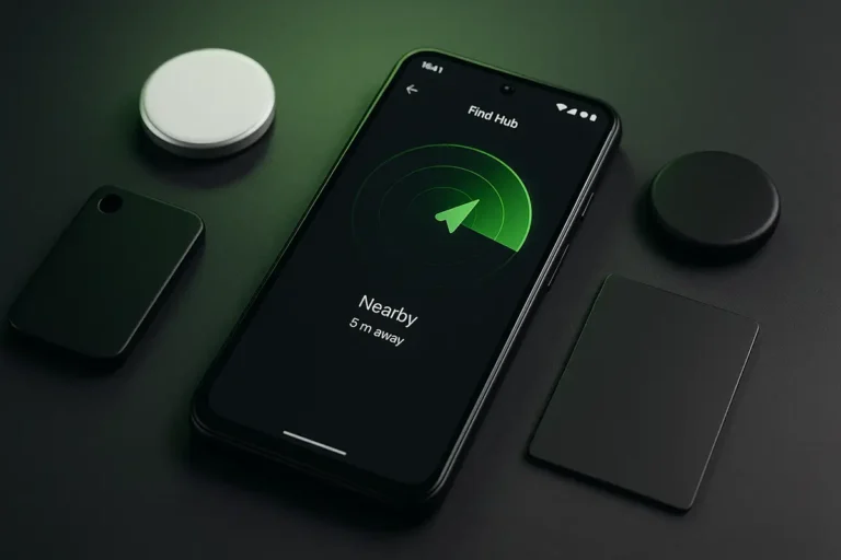 Imagen de portada para la comparativa de los mejores localizadores para Android en 2025, con un móvil mostrando la búsqueda de proximidad de la app Find Hub y varios trackers compatibles, incluyendo de tipo moneda, llavero y tarjeta.