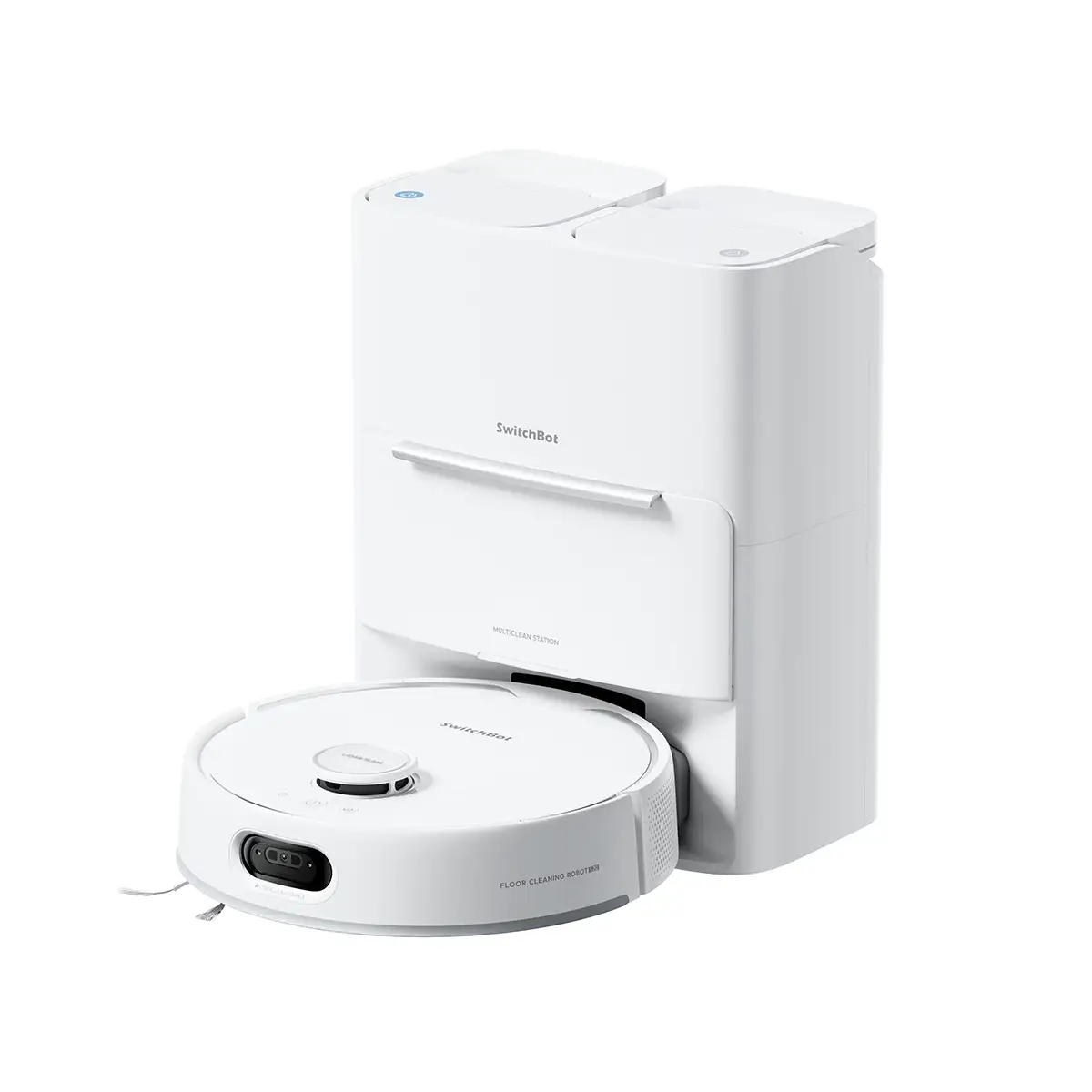 Robot aspirador SwitchBot S20 con su estación de autovaciado