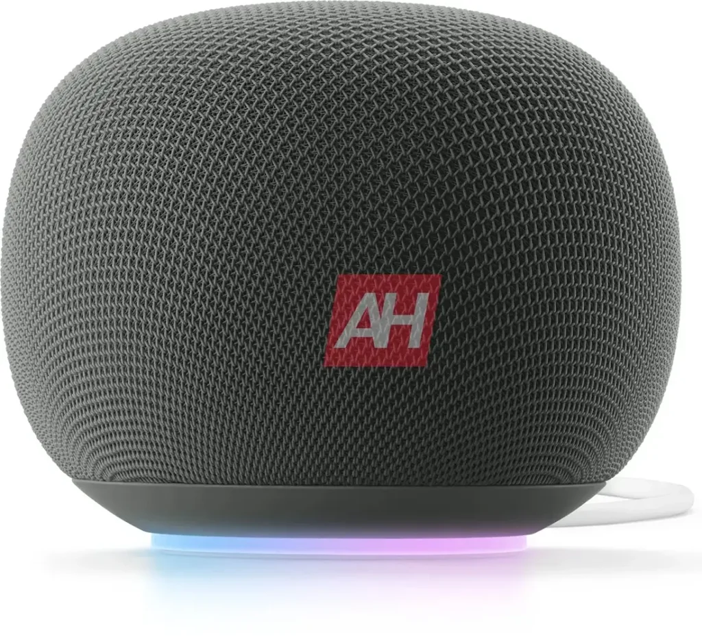 imagen filtrada del nuevo altavoz inteligente Google Home con Gemini. Se muestra el diseño esférico en color negro (Obsidian), con un acabado de tela y un anillo de luz multicolor en la base que se ilumina al interactuar con la IA