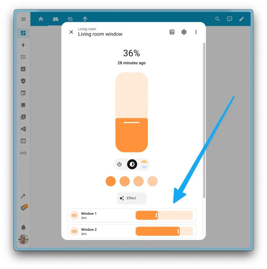 Home Assistant 2025.8 . Captura de pantalla de la nueva interfaz de grupos en Home Assistant. Se muestra el diálogo de un grupo de persianas ('Living room window') que ahora permite controlar individualmente cada miembro ('Window 1', 'Window 2') con su propio deslizador.