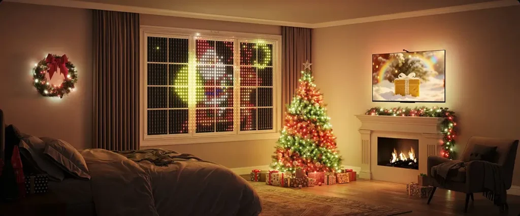 Decoración navideña inmersiva creada con las guirnaldas inteligentes Govee Christmas Sparkle String Lights en el árbol y la chimenea, sincronizadas con otras luces Govee en la ventana y la TV mediante la tecnología DreamView para crear un ecosistema festivo y conectado.