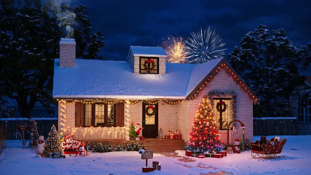 Decoración exterior de Navidad con las guirnaldas inteligentes Govee Christmas String Lights 2, iluminando la fachada, el porche y el árbol de una casa nevada. La imagen muestra su uso en exteriores y su capacidad para crear escenas festivas con tecnología RGBWIC.