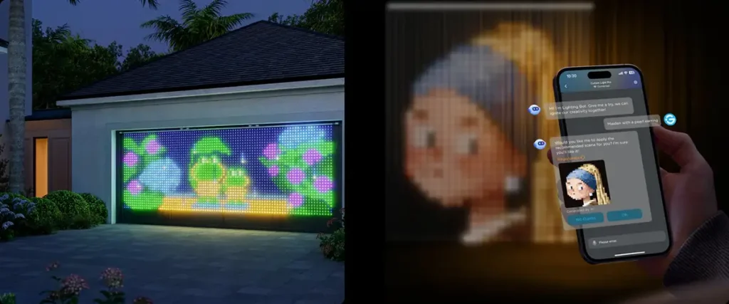 Imagen doble mostrando las capacidades creativas de la Govee Curtain Lights Pro: a la izquierda, una puerta de garaje decorada con un diseño de pixel art, y a la derecha, la app Govee Home usando el AI Lighting Bot para generar un patrón artístico.