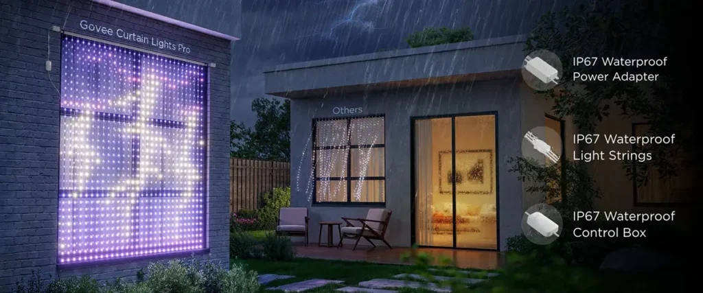 Demostración de la resistencia al agua IP67 de la cortina LED Govee Curtain Lights Pro, funcionando perfectamente bajo la lluvia, en comparación con otras luces de exterior. Se destacan sus componentes impermeables: adaptador de corriente, tiras de luz y caja de control.
