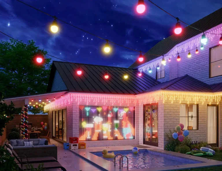 El ecosistema de iluminación inteligente Govee en acción, mostrando cómo la cortina LED Govee Curtain Lights Pro se sincroniza con otras luces de la marca (guirnaldas y luces de carámbano) para una espectacular decoración de fiesta en el exterior de una casa con piscina.