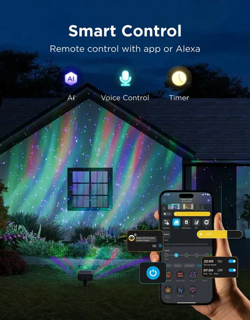 Demostración del control inteligente del proyector exterior Govee H7073, mostrando la app Govee Home en un smartphone para gestionar escenas, brillo y el temporizador. La imagen también destaca el control por voz (Alexa) y las funciones de IA sobre la casa iluminada con un efecto aurora.
