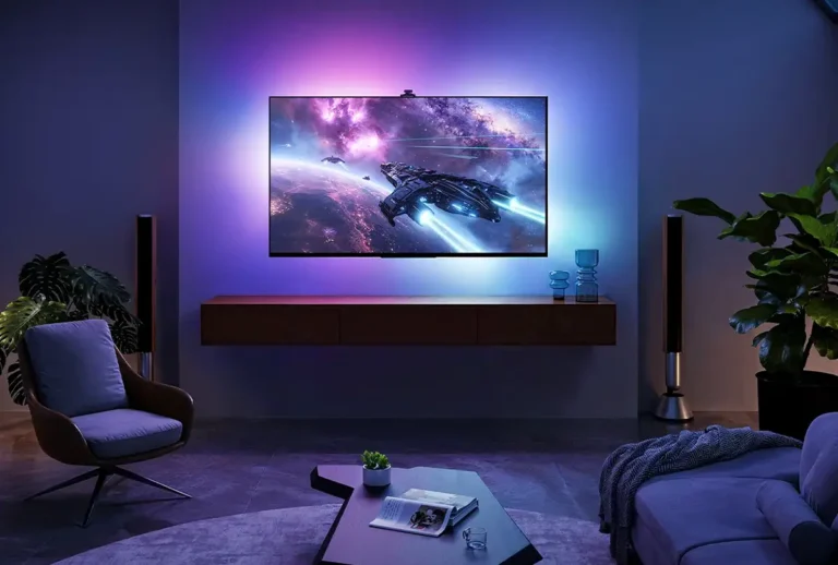 Sistema de retroiluminación Govee TV Backlight 3 Pro creando una atmósfera inmersiva en un salón moderno, con la luz sincronizada a una escena de ciencia ficción en la pantalla.
