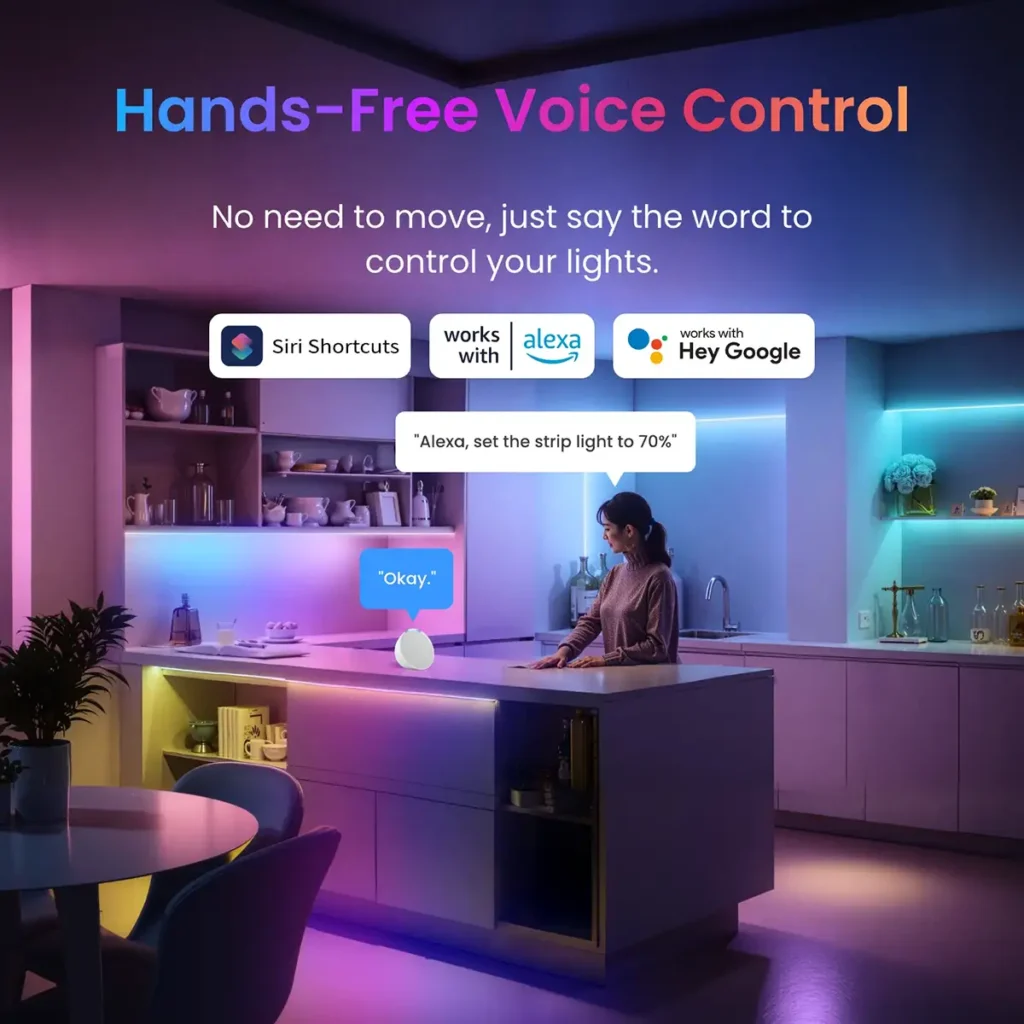 Control por voz manos libres de la tira LED inteligente SwitchBot RGBICWW en una cocina moderna. Compatible con Alexa, Google Assistant y Siri Shortcuts para ajustar la iluminación inteligente.