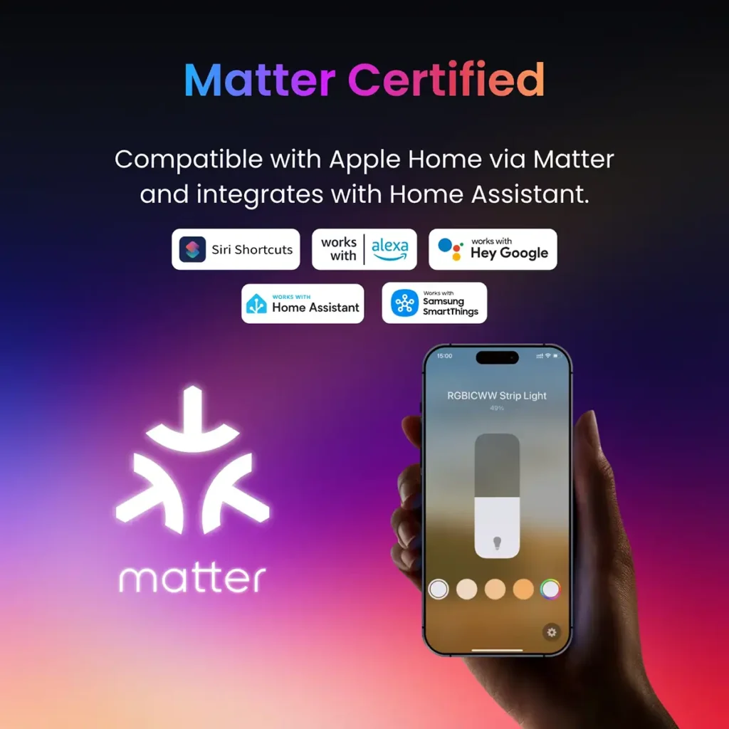 Tira LED inteligente RGBICWW con certificación Matter para una compatibilidad total con Apple Home, Alexa, Google Home, Samsung SmartThings y Home Assistant, mostrando el control desde la app en un smartphone.