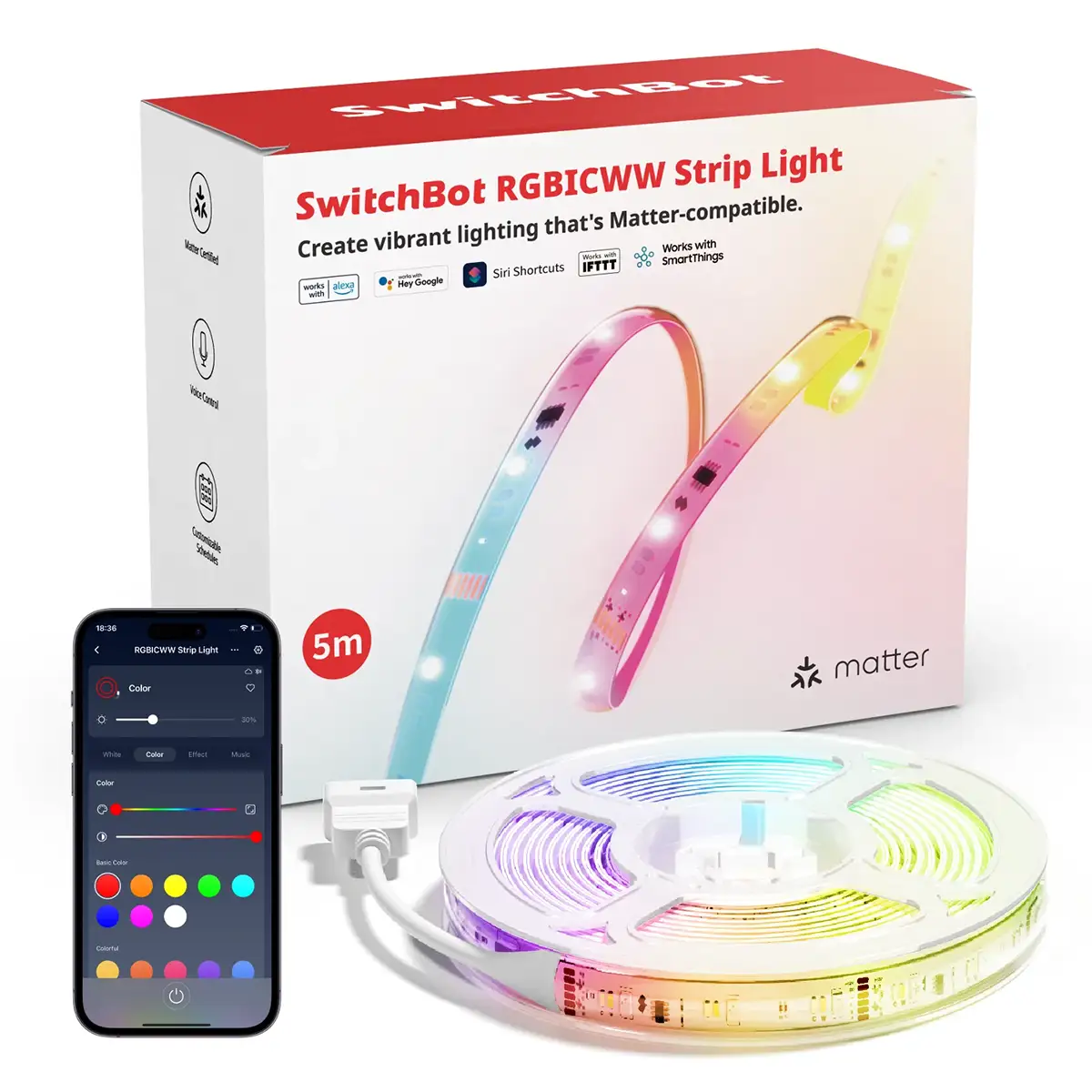 SwitchBot RGBICWW Strip Light con Matter, 5 m, RGBIC + CCT 2700–6500 K