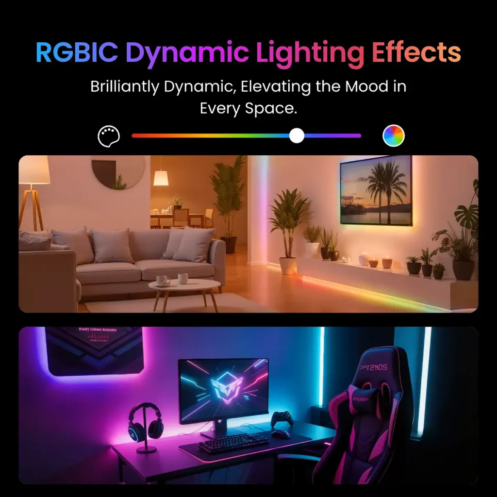 Efectos de iluminación dinámicos de la tira LED RGBIC en un salón y en un setup de gaming. La luz ambiental multicolor y segmentada crea escenas inmersivas detrás del televisor y el escritorio.