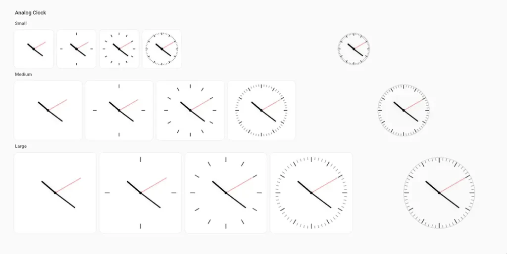 Los nuevos estilos de reloj analógico para la 'clock card' de Home Assistant. La imagen muestra una galería con múltiples diseños de relojes analógicos, organizados por tamaño (pequeño, mediano y grande) y con diferentes esferas para personalizar los paneles o dashboards.