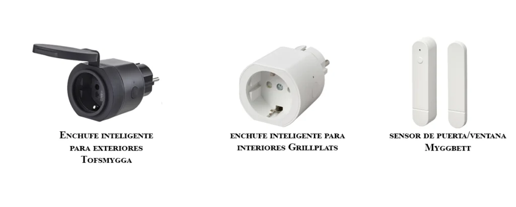 "Collage de los nuevos dispositivos IKEA Smart Home para 2026: enchufe inteligente para exteriores TOFSMYGGA en negro con tapa, enchufe inteligente para interiores GRILLPLATS en blanco y sensor de puerta/ventana MYGGBETT. Todos compatibles con Matter y Thread."