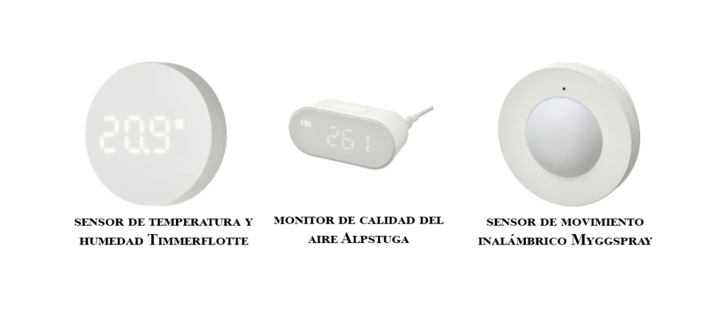 Nuevos sensores inteligentes de IKEA para 2026: a la izquierda, el sensor de temperatura y humedad TIMMERFLOTTE de diseño circular; en el centro, el monitor de calidad del aire ALPSTUGA; y a la derecha, el sensor de movimiento inalámbrico MYGGSPRAY. Todos en color blanco y compatibles con Matter.