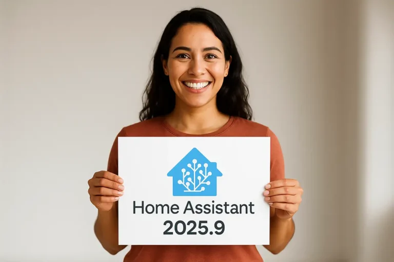 Imagen de portada para el lanzamiento de Home Assistant 2025.9. Una mujer sonríe a la cámara mientras sostiene un cartel blanco con el logo de Home Assistant y el texto de la nueva versión.