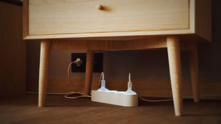 Regleta inteligente Shelly Power Strip 4 Gen4 con Matter y Zigbee en un suelo de madera bajo un mueble. Las luces LED azules indican su estado y la medición de consumo, una solución ideal para la domótica y el hogar inteligente