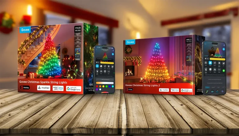 Comparativa de las dos nuevas guirnaldas inteligentes de Navidad de Govee: a la izquierda, las Christmas Sparkle String Lights, y a la derecha, las Christmas String Lights 2. Ambas muestran su compatibilidad con Matter, Alexa y Google Home, y su control por app para una decoración navideña conectada.