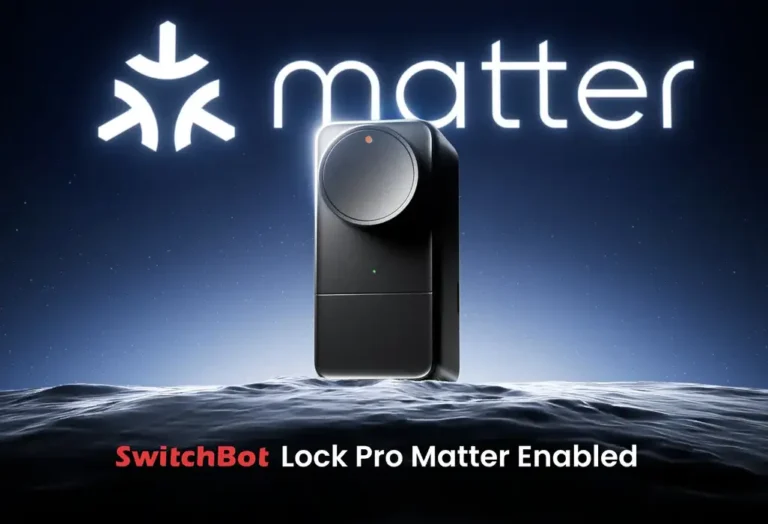 Imagen de lanzamiento de la cerradura inteligente SwitchBot Lock Pro Matter Enabled. El producto se muestra en primer plano con el logotipo de Matter iluminado al fondo, simbolizando su compatibilidad nativa con el estándar de hogar inteligente para una interoperabilidad universal sin necesidad de hub.