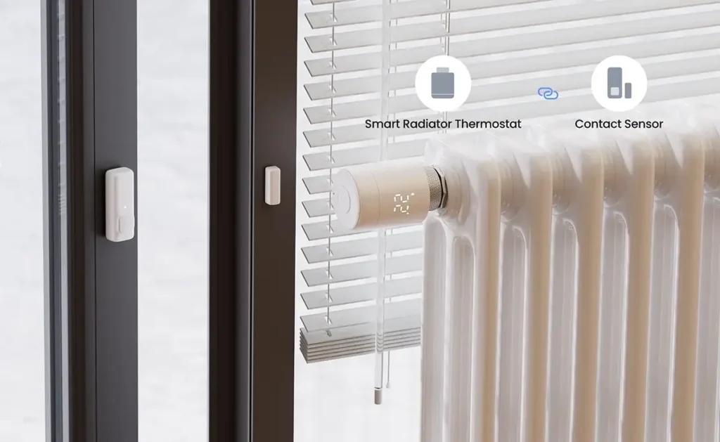 Demostración de la función de detección de ventana abierta del Termostato Inteligente para Radiador de SwitchBot vinculado con un Sensor de Contacto SwitchBot. Cuando el sensor en la ventana detecta que está abierta, apaga automáticamente la calefacción del radiador para maximizar el ahorro de energía, una automatización que requiere un hub de SwitchBot.