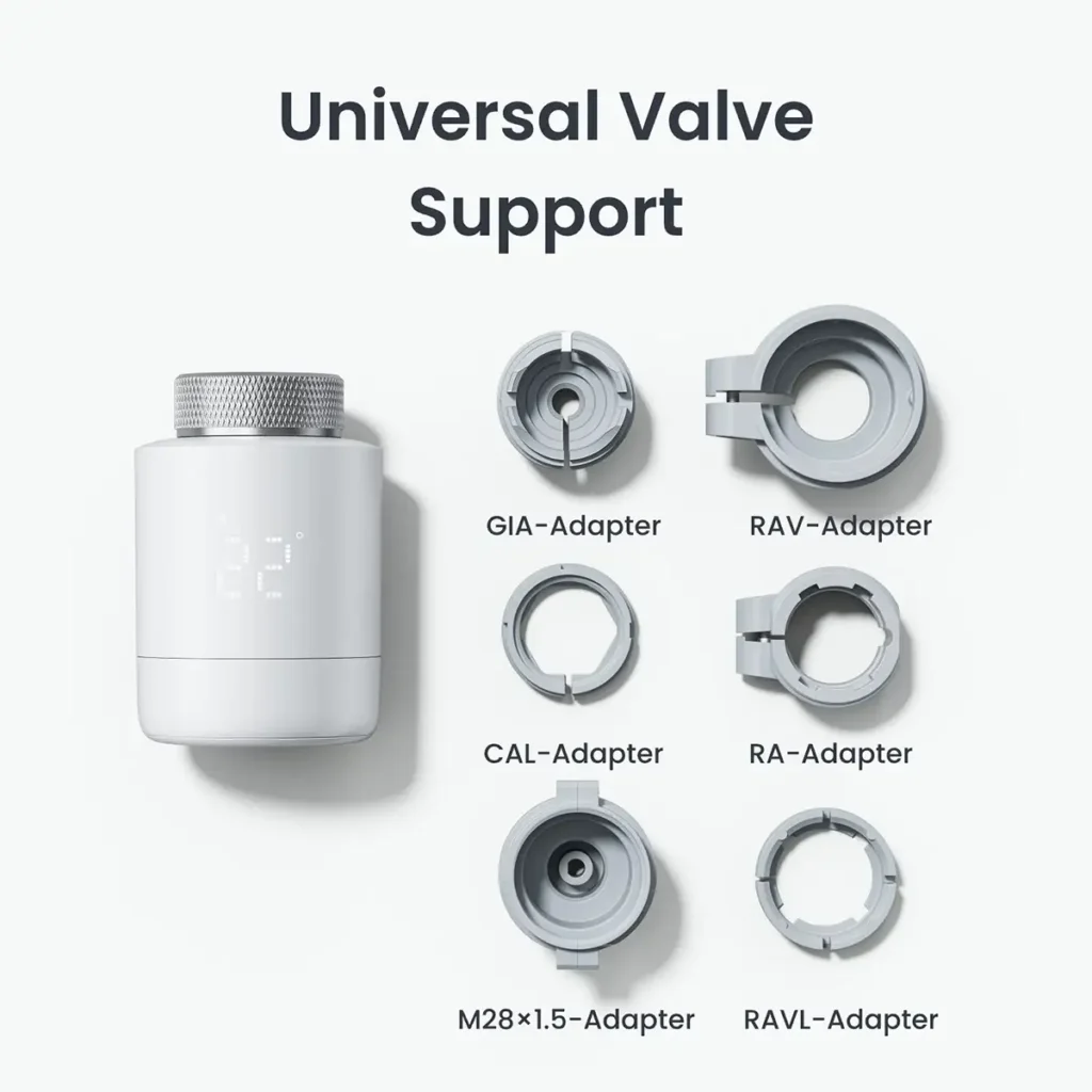 Compatibilidad universal del Termostato Inteligente SwitchBot gracias a los 6 adaptadores de válvula incluidos. La imagen muestra el cabezal termostático junto a los adaptadores GIA, RAV, CAL, RA, M28x1.5 y RAVL, asegurando una instalación fácil y sin herramientas en la mayoría de radiadores europeos.
