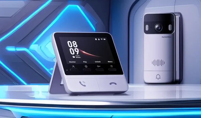 Sistema de videoportero inteligente SwitchBot Video Doorbell con su monitor interior de 4,3 pulgadas sobre una superficie con iluminación futurista de alta tecnología.