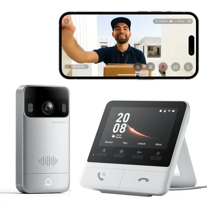 SwitchBot Video Doorbell 2K con pantalla de 4,3'', grabación local en microSD, NFC y opción de panel solar
