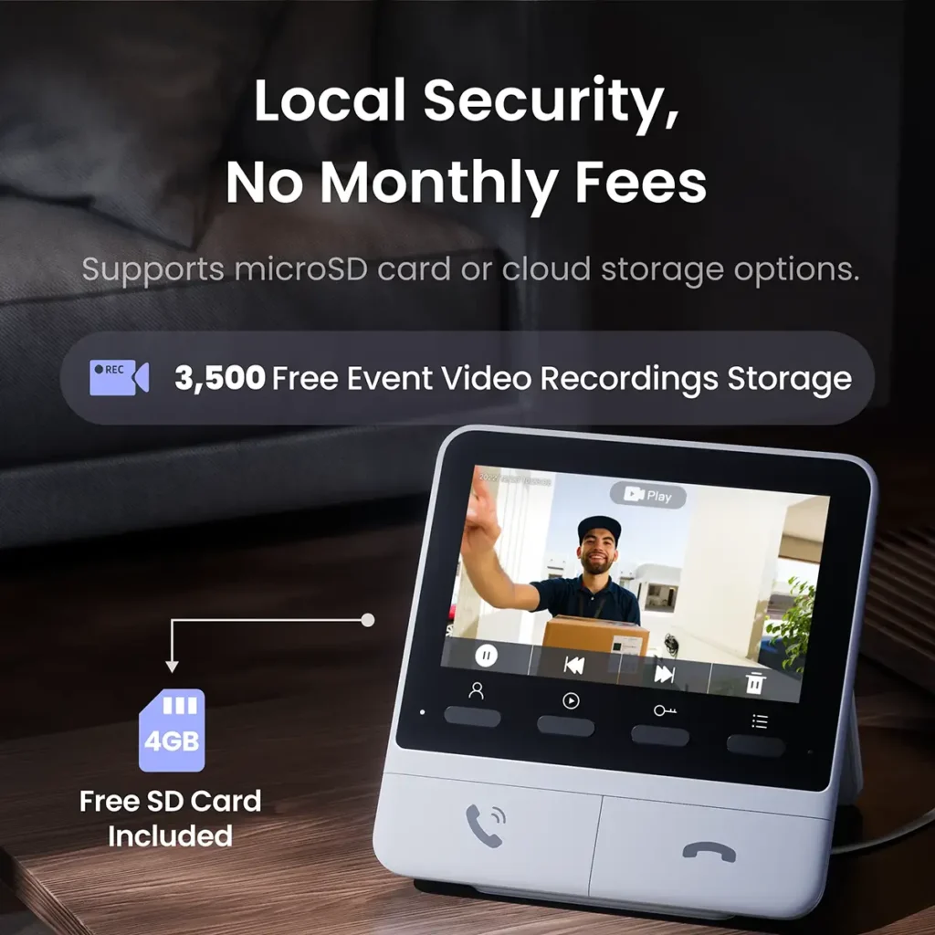 Videoportero SwitchBot con seguridad local y sin cuotas mensuales, mostrando la reproducción de un vídeo en el monitor y destacando la tarjeta microSD de 4GB incluida de forma gratuita.