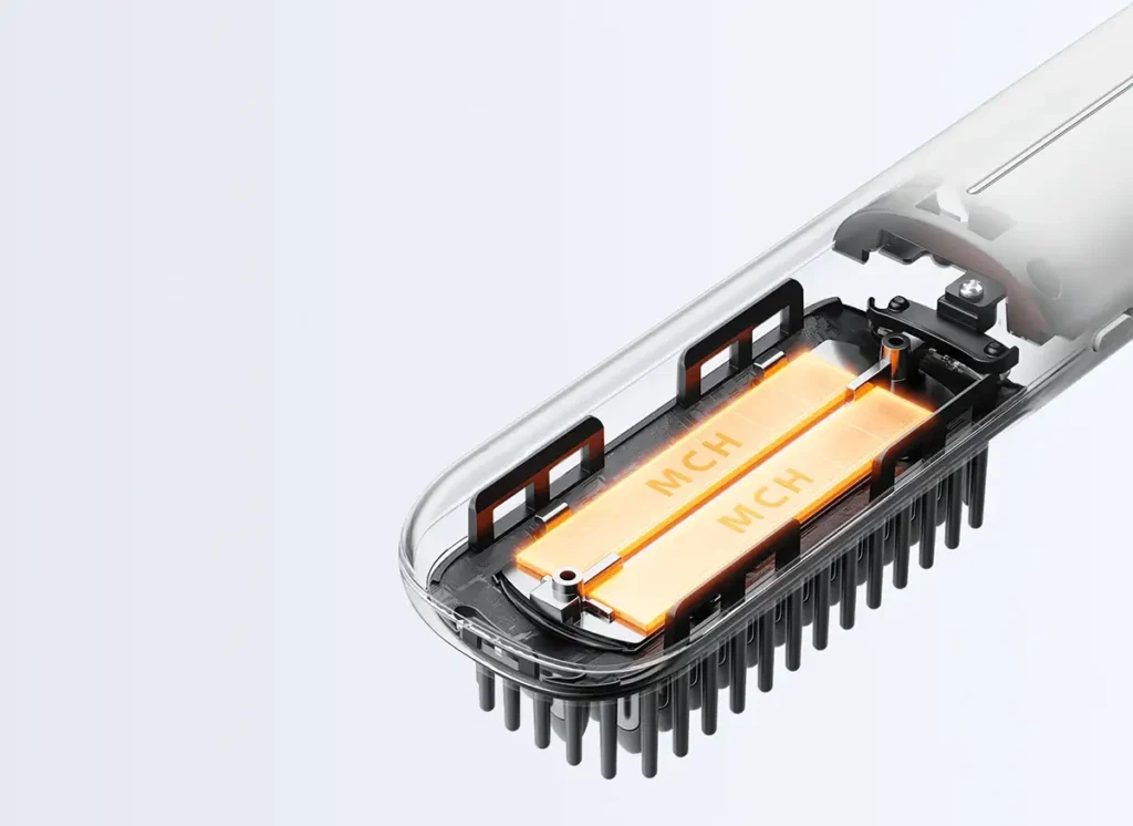 Vista interna del cepillo alisador inalámbrico de Xiaomi que muestra su tecnología de calentamiento cerámico MCH. Este componente garantiza una temperatura estable y un calor uniforme para un alisado eficiente y seguro sin dañar el cabello.