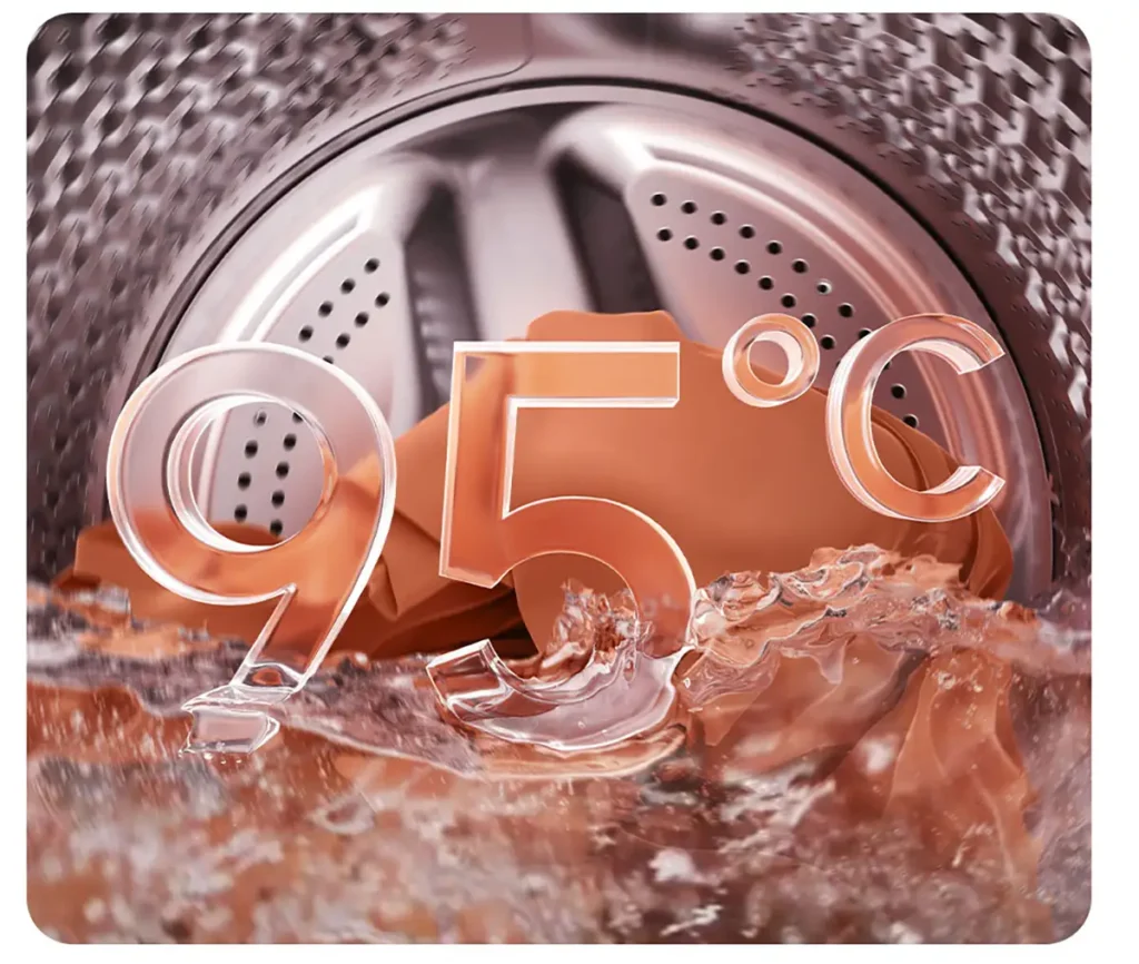 Lavado a 95°C en la lavadora Xiaomi Mijia Dual-Zone, mostrando el interior del tambor durante un ciclo de esterilización a alta temperatura para eliminar bacterias y alérgenos.