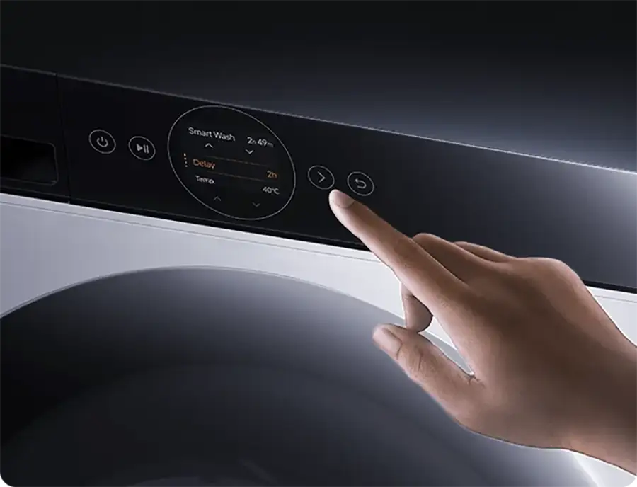 Panel de control táctil de la lavasecadora Xiaomi Mijia Washer Dryer Pro, mostrando el modo Smart Wash y un control intuitivo de las funciones inteligentes y los ciclos de lavado.