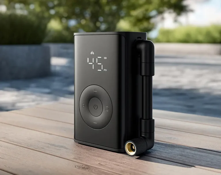 Inflador portátil Xiaomi Mijia Portable Inflator Mini sobre una mesa de madera al aire libre. Su pantalla LCD muestra 45 PSI en el modo de bicicleta, destacando sus modos de presión inteligentes y su diseño ultracompacto para el mantenimiento de neumáticos