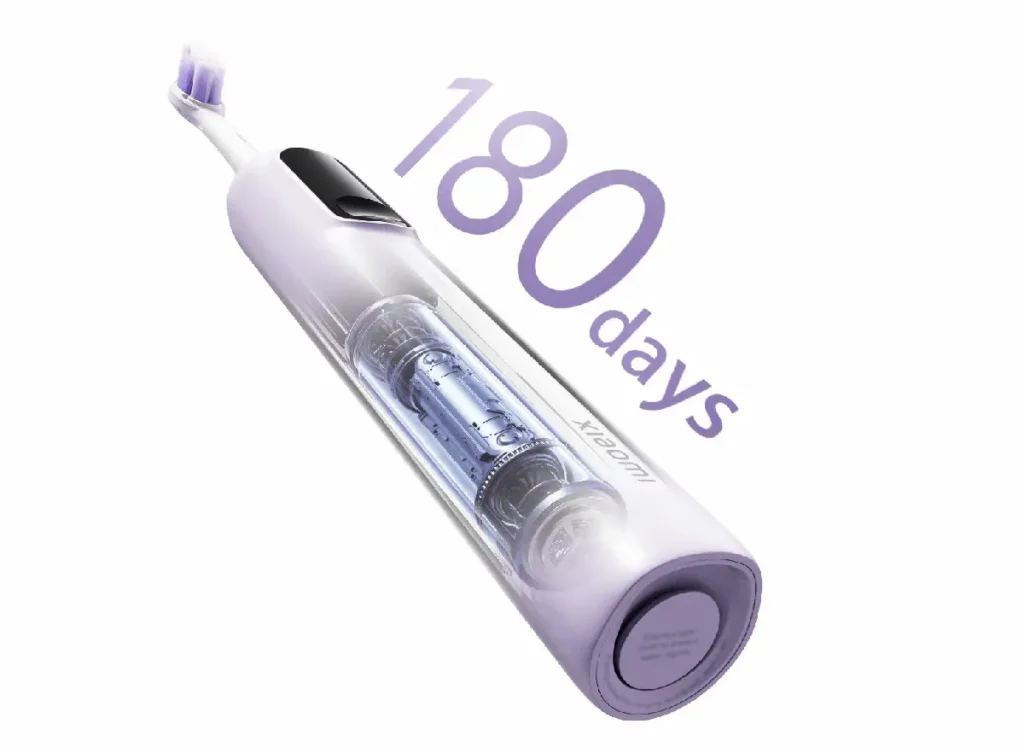 Cepillo de dientes eléctrico Xiaomi Oscillation Electric Toothbrush Pro con batería de 180 días. La imagen muestra el producto en color morado, su pantalla inteligente y el motor sónico en una vista de corte.