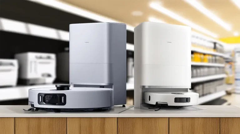 Comparativa de los nuevos robots aspiradores Xiaomi Robot Vacuum 5 Pro, en color gris, y Xiaomi Robot Vacuum 5, en blanco, con sus estaciones base de autolimpieza y lavado a alta temperatura.