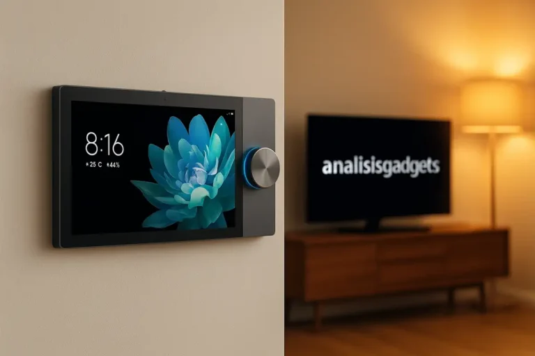 La Xiaomi Smart Central Control Screen Max instalada en una pared de color beige, mostrando la hora y el clima. En el fondo, un salón acogedor con un televisor que muestra el logo de analisisgadgets