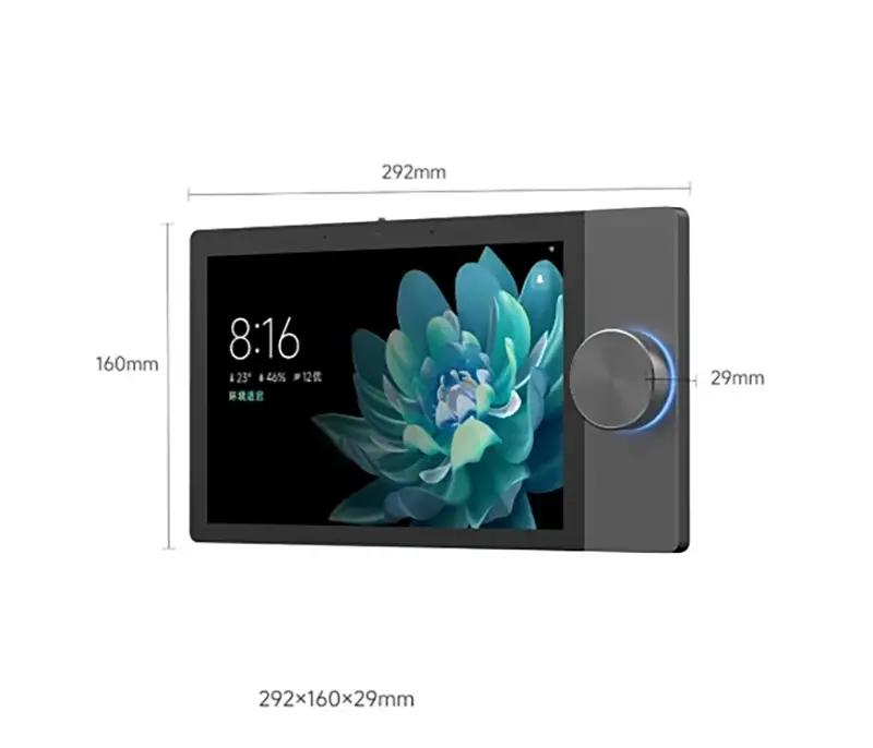Dimensiones de la Xiaomi Smart Central Control Screen Max. El panel mural mide 292 mm de ancho, 160 mm de alto y tiene un grosor de 29 mm en la sección de la perilla. La imagen muestra la pantalla de 10,1 pulgadas y el dial físico lateral.